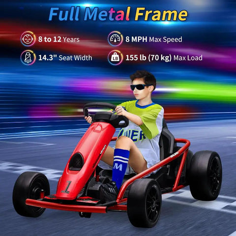 Boy driving 24V Dual Motor Ride On Go Kart For Kids With Two 300W Motors 8 MPH Electric Toy Car With Slow Start Music Horn Safe Seat Belt