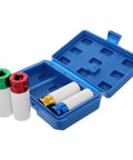 Top Tier Impact Socket Set For Automotive Repairs. Four color coded thin wall deep sockets in blue case for lug nuts and rims.