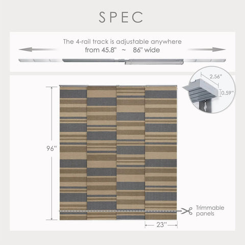Adjustable Sliding Panel Track Blinds For Large Windows And Patio Doors, 45.8 To 86 Inches Wide And 96 Inches High shown in diagram