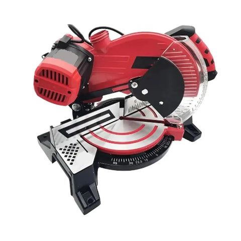 Rock Solid 1800w Circular Miter Saw Kit With 45 Degree Angle Capability For Fast Wood And Aluminum Cutting, featuring red body and blade guard.