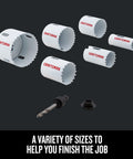 Heavy Duty Bi Metal Hole Saw Kit 7 Piece With Case For Wood And Metal Cutting Includes 1 Inch And 1 And A Quarter Inch Saws Designed For Long Life And Pro Grade Performance For Home Projects And Everyday Shop Jobs, showing various hole saw sizes and accessories.