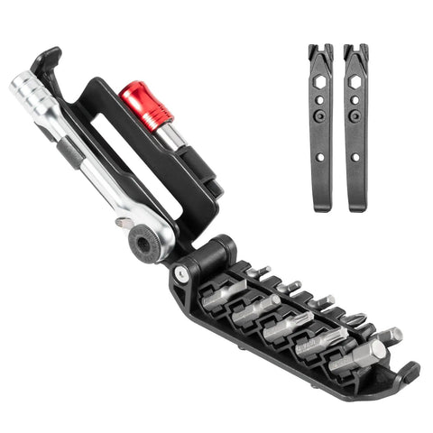 14 In 1 Bike Tool Kit With Portable Foldable Multitool Reversible Ratchet Wrench And 10 Bits Includes 2 Tire Levers