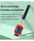 Portable Pen Style Digital Hardness Gauging Tool For Stainless Steel And Titanium Featuring Real Deal Multi Scale Readouts Including Hrc Hrb And Dead On Precision shown on a green background with a compact design.
