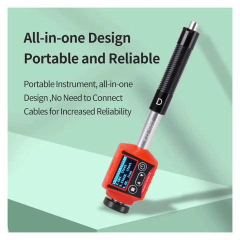Portable Pen Style Digital Hardness Gauging Tool For Stainless Steel And Titanium Featuring Real Deal Multi Scale Readouts Including Hrc Hrb And Dead On Precision shown on a green background with a compact design.