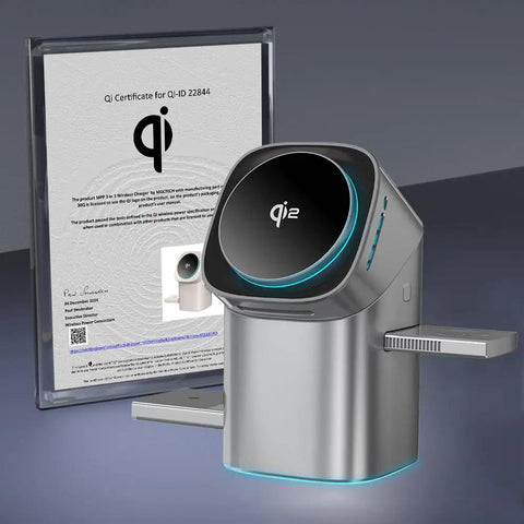 Three In One Magnetic Wireless Charging Station For Apple And Samsung Dope Qi2 Certified 15W next to Qi certificate display