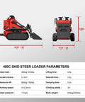 Compact Stand-On Skid Steer Loader With 23 HP Gas Engine, 800 Kg Lift Capacity, shown with dimensions and specifications