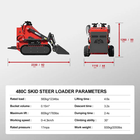 Compact Stand-On Skid Steer Loader With 23 HP Gas Engine, 800 Kg Lift Capacity, shown with dimensions and specifications