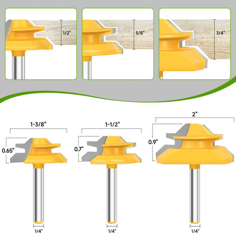 45 Degree Lock Miter Router Bit Set With 1/4 Inch Shank, 3 Pc Carbide Steel Router Bits For Woodworking, shown with varying heights