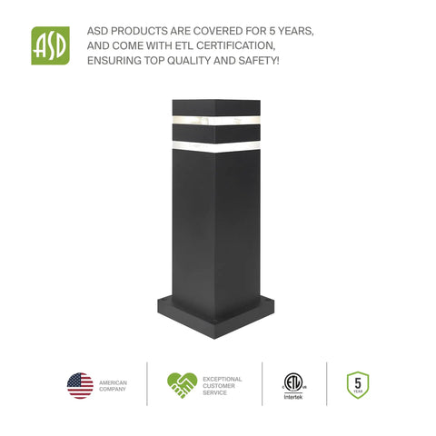 Round 18 Inch All Weather Outdoor Bollard Light Fixture With 60W E26 Socket 120V Dimmable Waterproof Compatible LED CFL Incandescent Bulbs ETL Listed Black Landscape Pathway Lantern