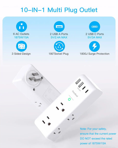 Must Have Rotating Plug Surge Protector Power Strip With Six AC Outlets And Four USB Ports Including Two USB C 1800J Wall Charger