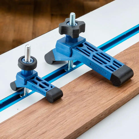 Bit Saver Hold Down Clamps For CNC Routers, Five And A Half Inch Long By One And A Quarter Inch Wide, Two Pack on a T-track table