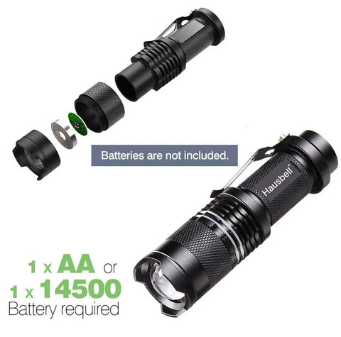 Disassembled Ultra Bright Mini LED Flashlights 7W Zoomable Handheld Beams, battery info shown, 3 modes.