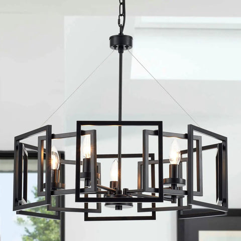 Industrial Style Chandelier With Matte Black Finish Geometric Shade Pendant Lighting Fixture For Dining Room Living Room Kitchen Island Bedroom Dope Modern Vibe 5 Light