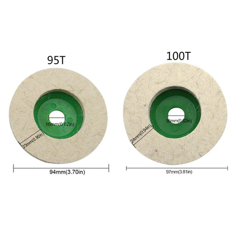 Get Your Gear Ready With These Six Premium Wool Felt Polishing Wheel Discs Perfect For 95 Or 100 Angle Grinders And Crushing Metal Marble Or Brass Like A Boss In Workshops Without Burning Out. Two wool polishing discs, 95mm and 100mm sizes, shown with dimensions.
