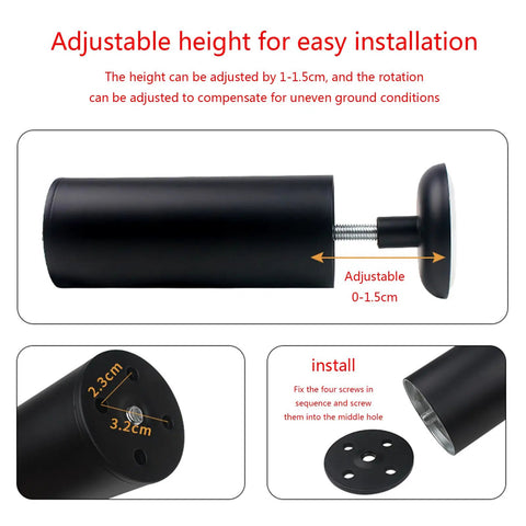 Modern Metal Furniture Legs With Adjustable Leveling Feet for easy setup, shown with dimensions and installation details