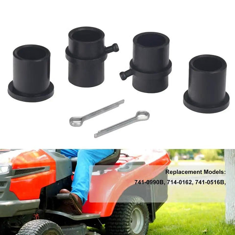 Flange Wheel Bushing Bearing Kit For Lawn Mower Repair with replacement parts shown on a red mower, sizes 741-0990B, 714-0162