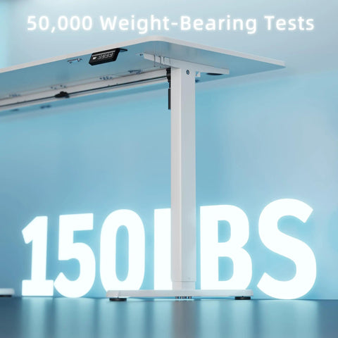 Big Shintenchi Standing Desk 63x24 Inch Electric Adjustable Height Ergonomic Lift with weight capacity display.