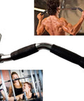 29 Inch Revolving Lat Pulldown Bar with rubber grip for cable machines, shown in workout use with lat pulldown exercise