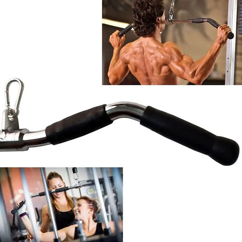 29 Inch Revolving Lat Pulldown Bar with rubber grip for cable machines, shown in workout use with lat pulldown exercise