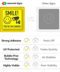 Smile Youre On Camera Signs 7 By 7 Inch 8 Pack Security Notice Stickers For Home Office And Outdoors Deterrent Alerts Visitors Theyre On Camera And Helps Keep Your Family And Property Safe With This Easy To Install Sign Set. 7x7 yellow vinyl camera sign with strong adhesive