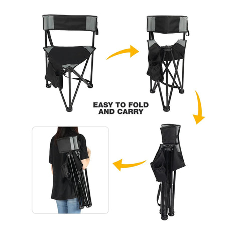 2 Pack Go-To Folding Tripod Camping Chairs With Backrest showcasing folding process and easy portability by a woman