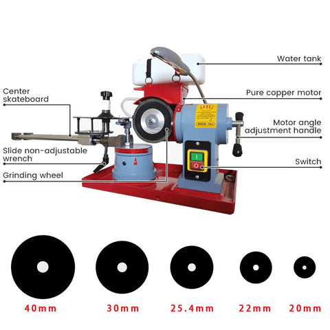 Tough As Nails 550 Watt Blade Sharpener With Water Cooling Rig and Quick Angle Adjustment Handles for Circular Saws, showing motor and adjustable features.