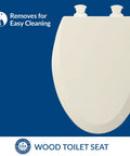 Durable Wood Toilet Seat With Easy Clean Hinges Elongated Biscuit Finish Made In USA Off White Color shown with quick release feature