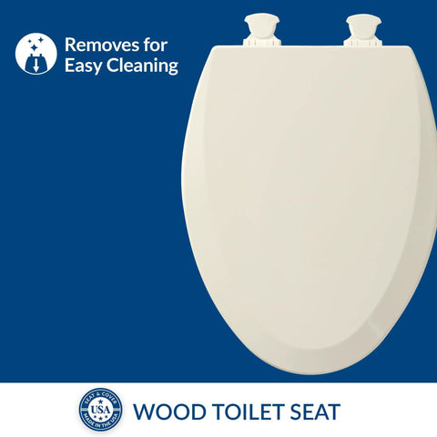 Durable Wood Toilet Seat With Easy Clean Hinges Elongated Biscuit Finish Made In USA Off White Color shown with quick release feature