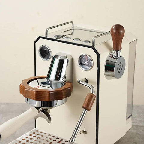 Solid Wood Anti Scald Guard For GemiLai 3145 Brew Head And 3006 Steam Knob shown on espresso machine