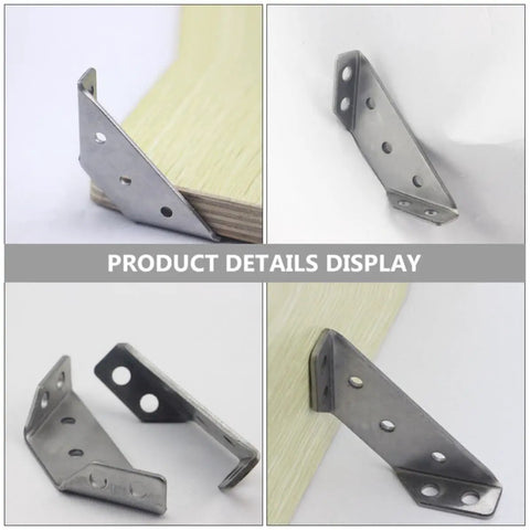 Sturdy Stainless Steel Corner Braces Set, 10 Pack, Perforated Trapezoid Angle Brackets displayed on wood and drywall.