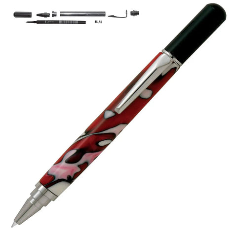 Assembled red and black pen from Rollester Rollerball Pen Kit Starter Package For Woodturning Projects With Hardware And Bushing Set.