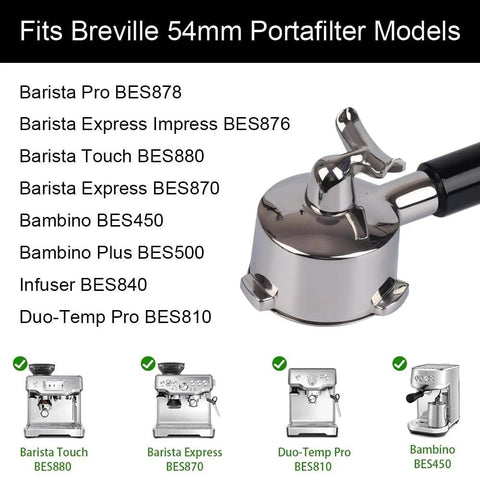 54mm chrome double-spout portafilter with black ABS handle, front view for Breville Bambino Plus and Infuser