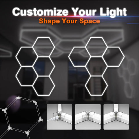 Modular Hexagon LED Garage Light 5-HEX 240W 5000K Daylight for workshops and home gyms, showcasing honeycomb design.