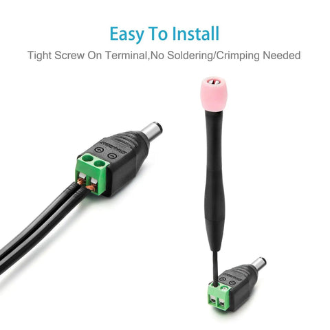 Kickass Male Dc Power Connector Adapter 10 Pack with Thick Copper Wiring, showing easy installation and screw terminals.