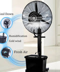 Heavy Duty Standing Mist Fan With Rock Solid Build Delivering Poppin Airflow And Smooth Misting Features A Massive Eleven Gallon Tank For All Day Patio Relief Adjustable Speed Switches And Easy Roll Setup overview showing the fan head and tank.