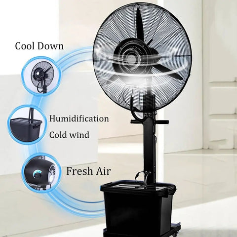 Heavy Duty Standing Mist Fan With Rock Solid Build Delivering Poppin Airflow And Smooth Misting Features A Massive Eleven Gallon Tank For All Day Patio Relief Adjustable Speed Switches And Easy Roll Setup overview showing the fan head and tank.