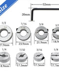 8 Pcs Drill Bit Stop Collar Set With Split Rings And M5 Set Screws, showing all imperial sizes 1/8 to 1/2 inch with an Allen wrench