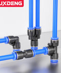Blue 8Mm OD PU Air Hose Line Kit With Push To Connect Fittings for compressed air and fluid transfer tubing, shown with tees and elbows.