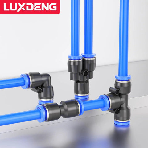 Blue 8Mm OD PU Air Hose Line Kit With Push To Connect Fittings for compressed air and fluid transfer tubing, shown with tees and elbows.