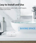 3 Pack Water Leak Sensor Alarm Kit With 95dB Audible Alert near bathroom sink to detect water leaks