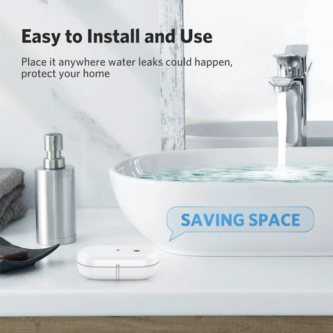 3 Pack Water Leak Sensor Alarm Kit With 95dB Audible Alert near bathroom sink to detect water leaks