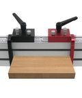 Precision Adjustable Fence Flip Stop With Miter Track Stop And Heavy Duty Aluminum T Slot Stop for woodworking on a table.