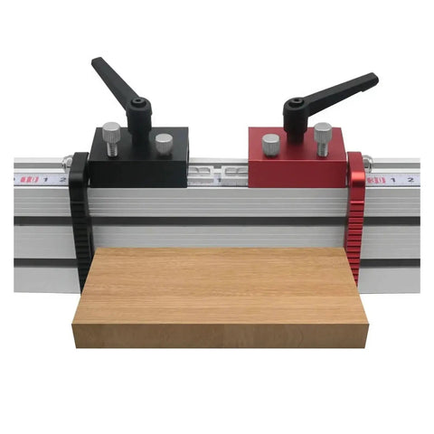 Precision Adjustable Fence Flip Stop With Miter Track Stop And Heavy Duty Aluminum T Slot Stop for woodworking on a table.