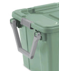 Close-up of 40 Gallon Wheeled Tough Plastic Storage Tote With Latch Lid Heavy Duty Green Industrial Bin handle detail