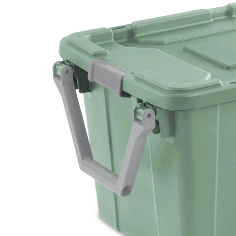Close-up of 40 Gallon Wheeled Tough Plastic Storage Tote With Latch Lid Heavy Duty Green Industrial Bin handle detail