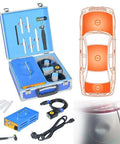 Open Paintless Dent Repair Kit with induction heater, tools, and cables for auto body dent removal displayed alongside car diagram.