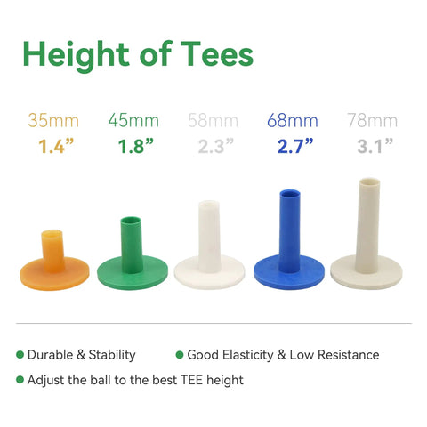 Golf Rubber Tees Practice Set With Mixed Size Tees in 5 colors and heights from 1.4 to 3.1 inches, displayed in a row.