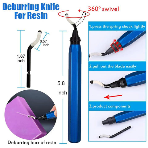 Front view of blue electric resin drill kit with curved deburring knife and replacement blade.