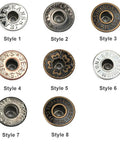 20 Piece Jeans Button Tack Kit With 17mm Metal Snap Fasteners For Jeans Jackets Backpacks And Other Heavy Fabrics Replacement Press Stud Set Includes Handy Storage Box Style Three showing eight button styles.