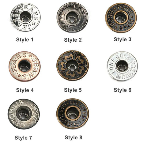 20 Piece Jeans Button Tack Kit With 17mm Metal Snap Fasteners For Jeans Jackets Backpacks And Other Heavy Fabrics Replacement Press Stud Set Includes Handy Storage Box Style Three showing eight button styles.